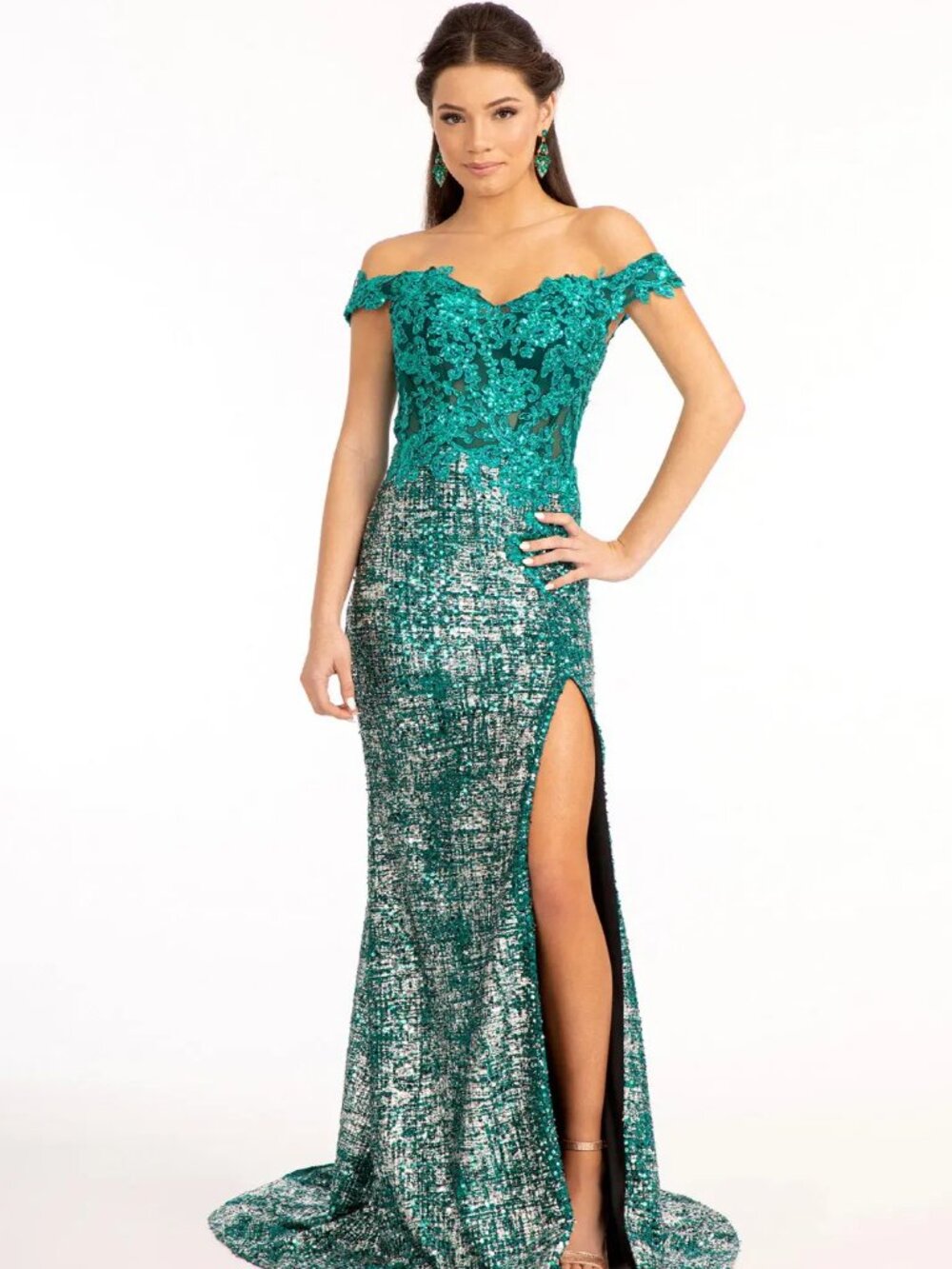 NEW GREEN Lace & Sequin Sweetheart Evening Gown Floor Length With Slit GL3024